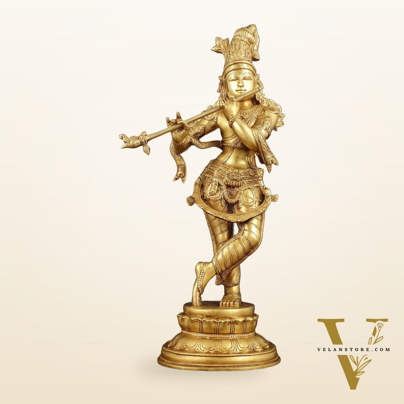 Exquisite 22-Inch Pure Brass Lord Krishna Statue