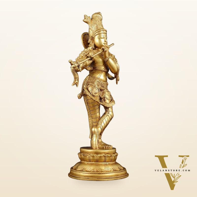 Exquisite 22-Inch Pure Brass Lord Krishna Statue