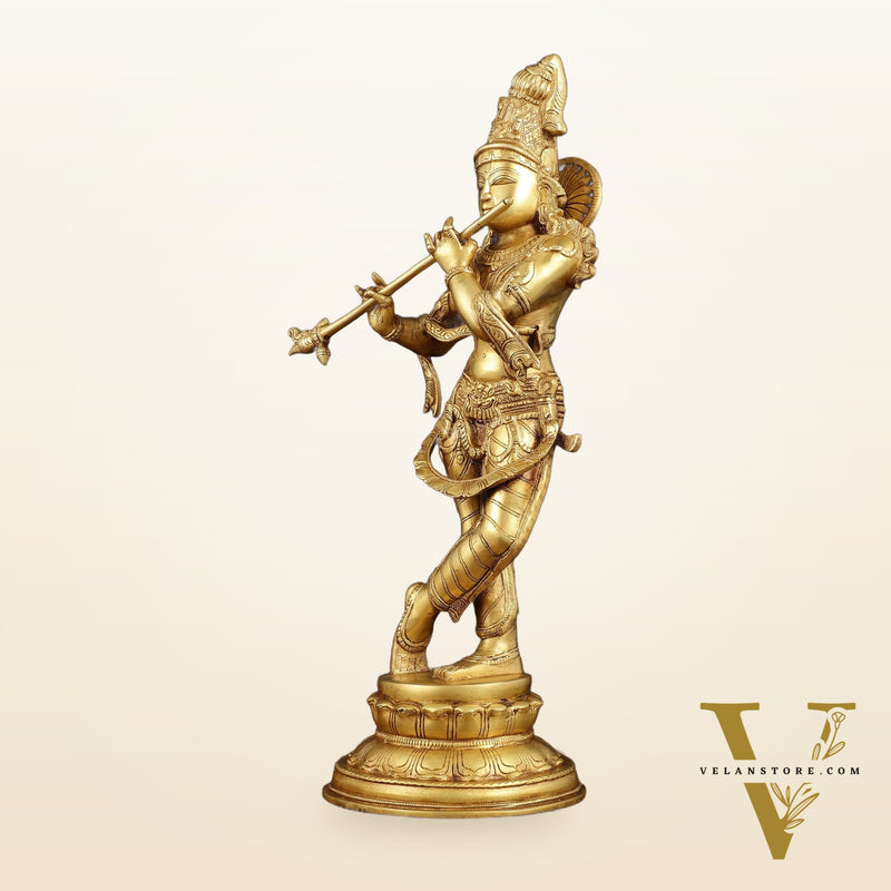 Exquisite 22-Inch Pure Brass Lord Krishna Statue