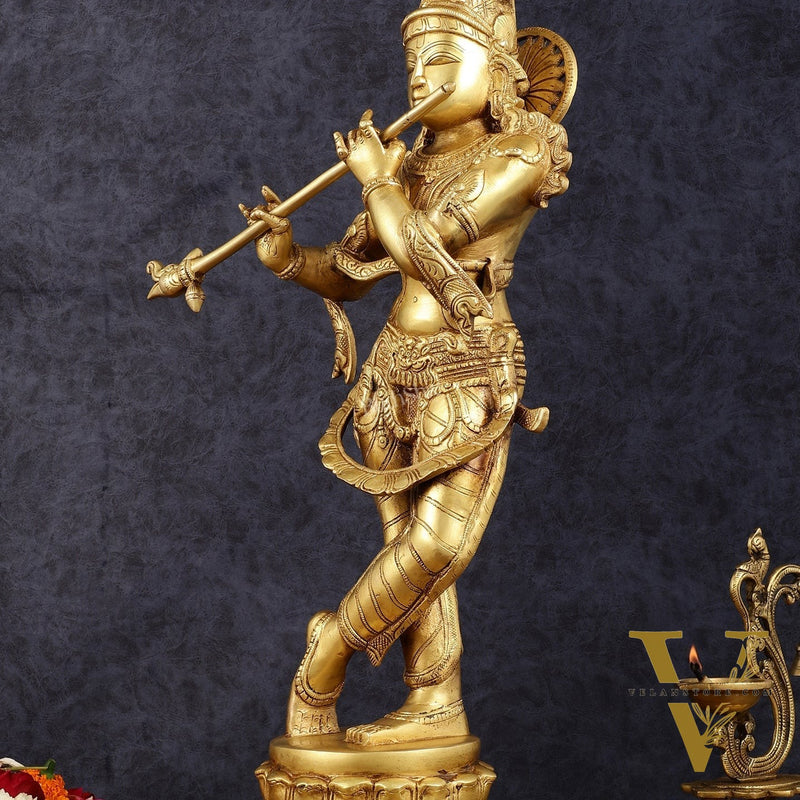 Exquisite 22-Inch Pure Brass Lord Krishna Statue