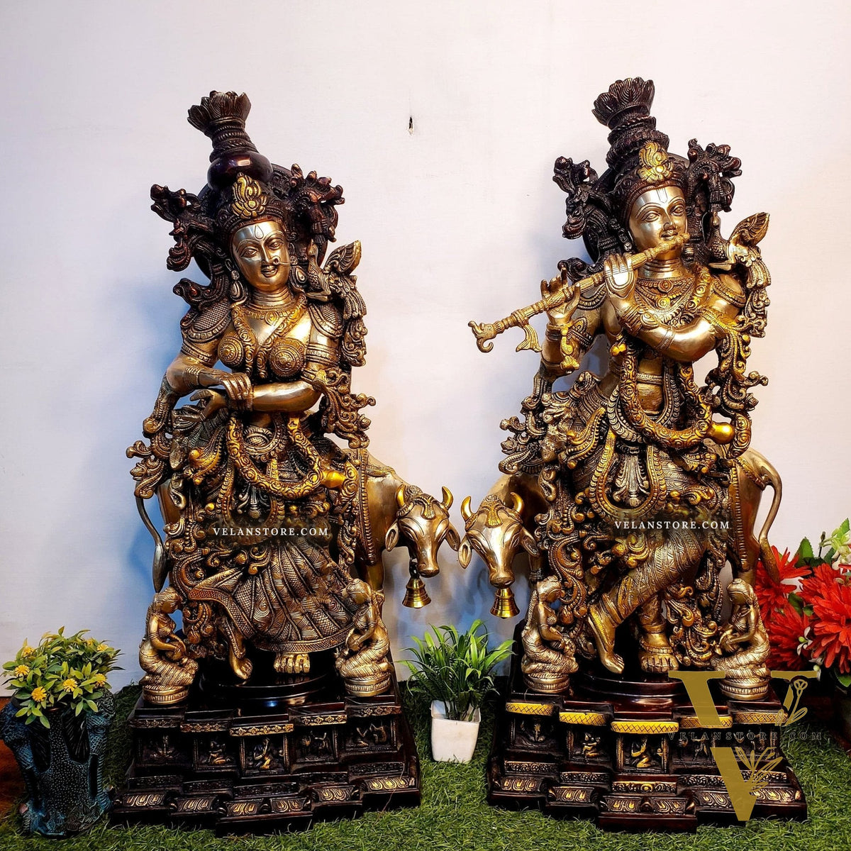 Exquisite 29 Inch Pure Brass Radha Krishna with Cow idols