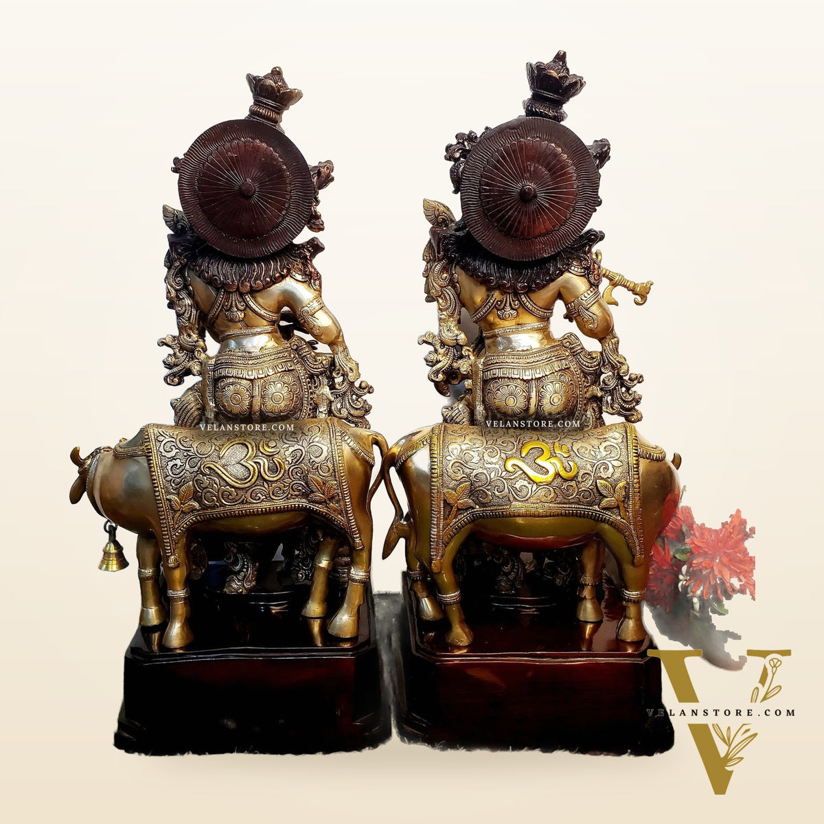 Exquisite 29 Inch Pure Brass Radha Krishna with Cow idols
