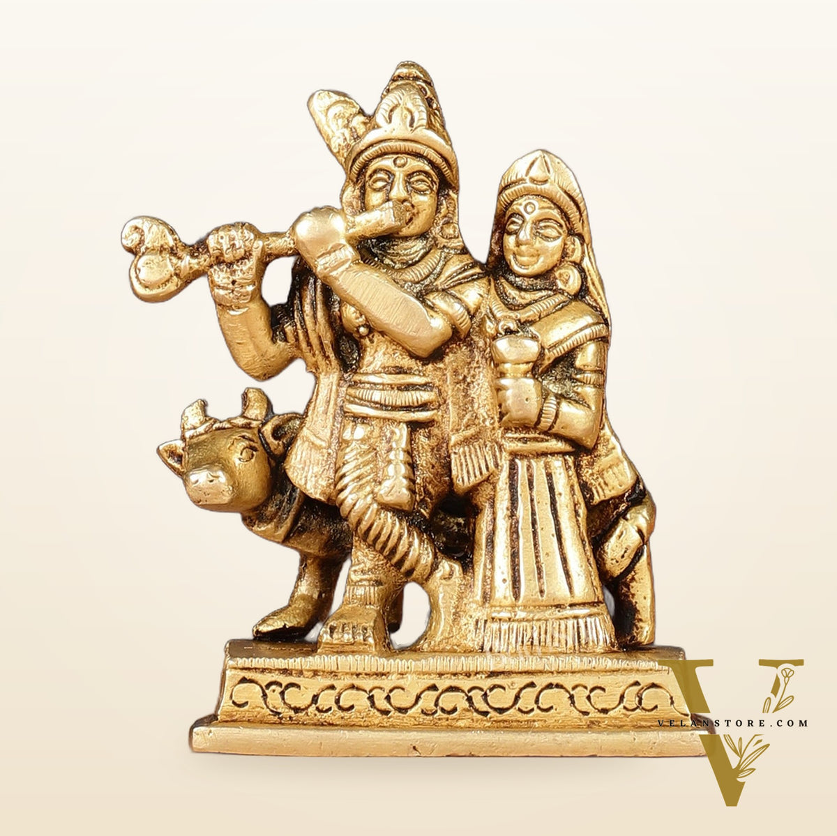 Exquisite 3-inch Brass Radha Krishna with Cow Idol