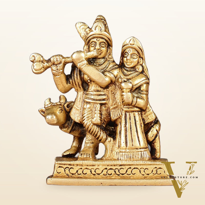 Exquisite 3-inch Brass Radha Krishna with Cow Idol