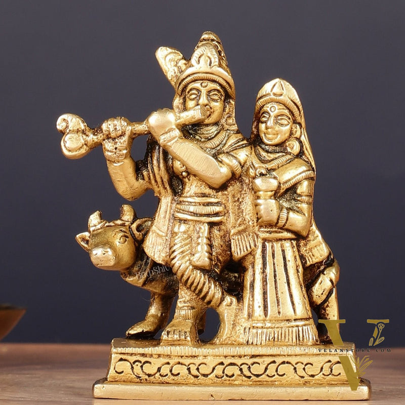 Exquisite 3-inch Brass Radha Krishna with Cow Idol