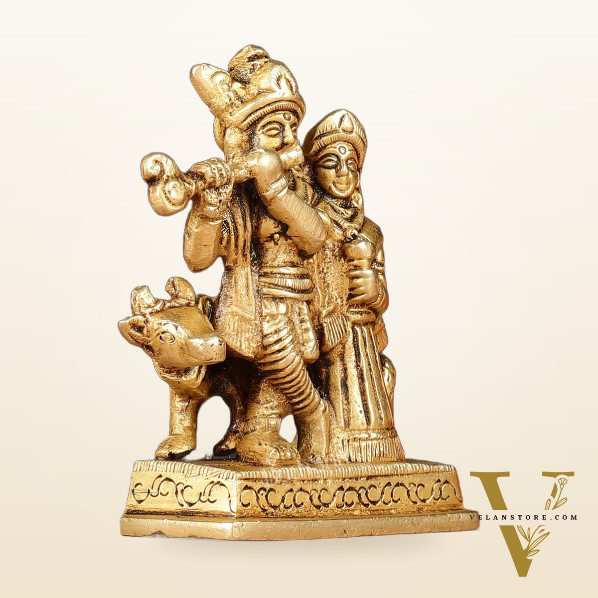 Exquisite 3-inch Brass Radha Krishna with Cow Idol