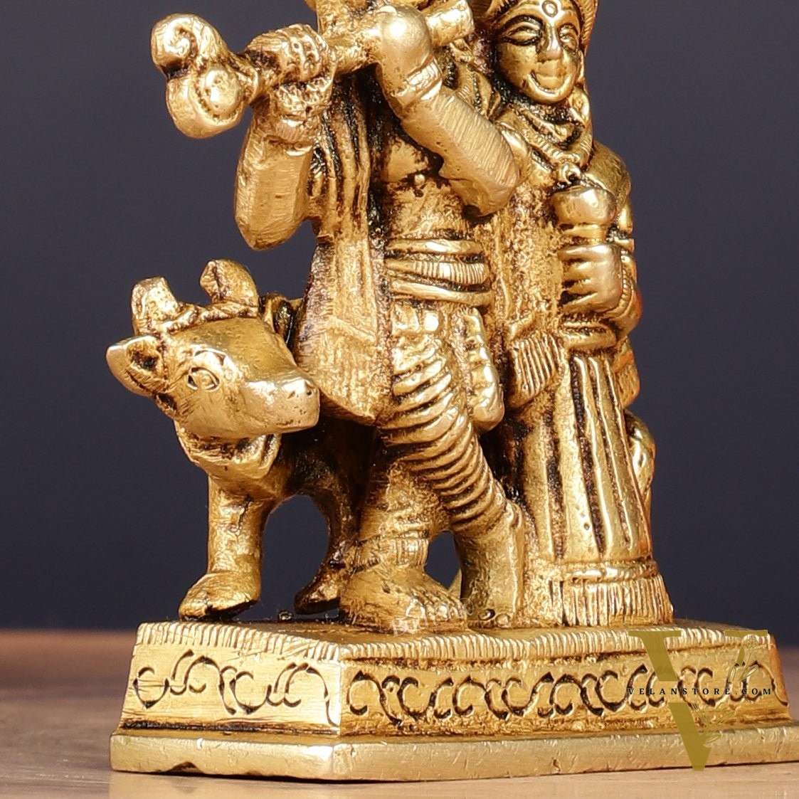 Exquisite 3-inch Brass Radha Krishna with Cow Idol
