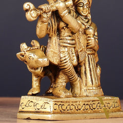 Exquisite 3-inch Brass Radha Krishna with Cow Idol