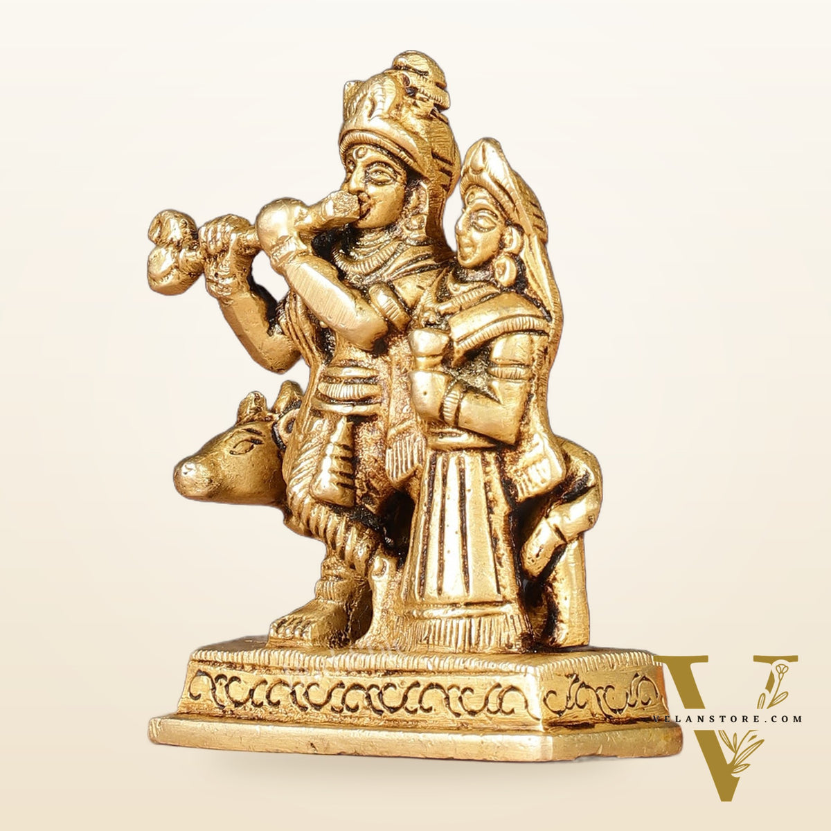 Exquisite 3-inch Brass Radha Krishna with Cow Idol