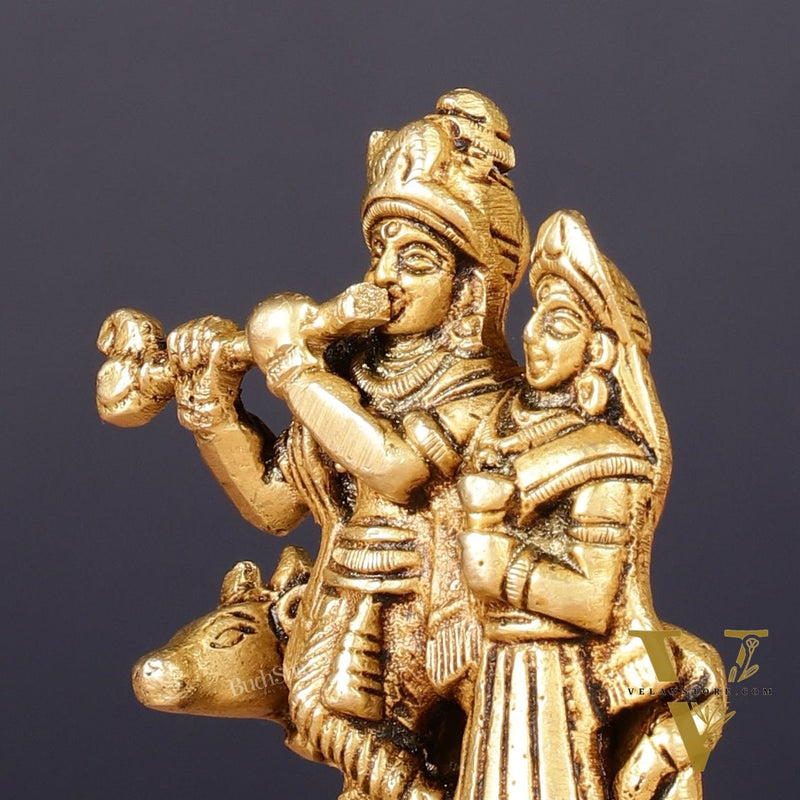 Exquisite 3-inch Brass Radha Krishna with Cow Idol