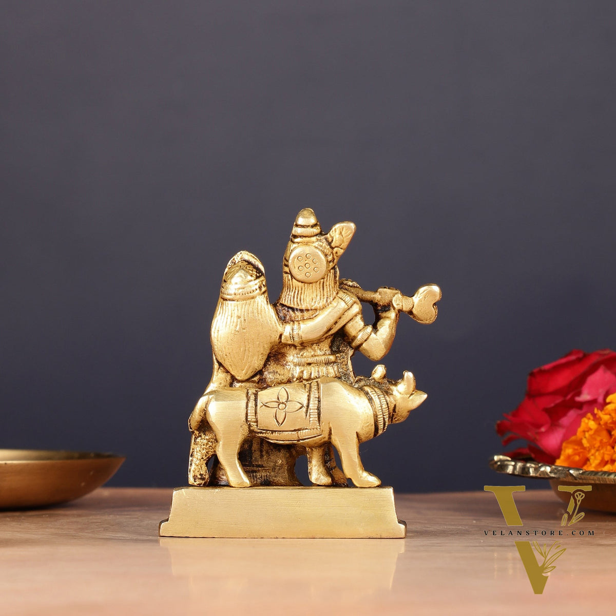 Exquisite 3-inch Brass Radha Krishna with Cow Idol