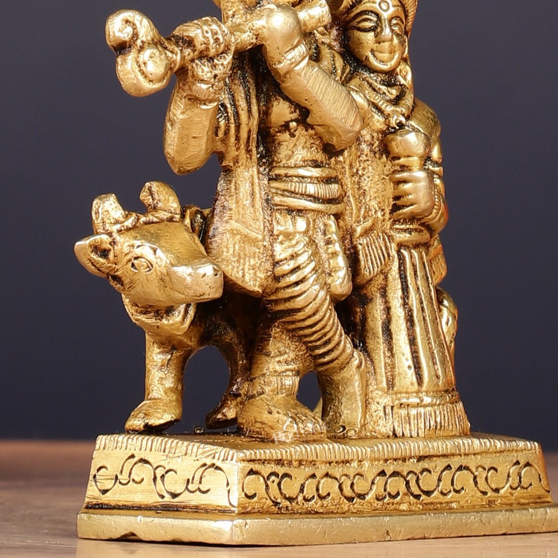 Exquisite 3-inch Brass Radha Krishna with Cow Idol