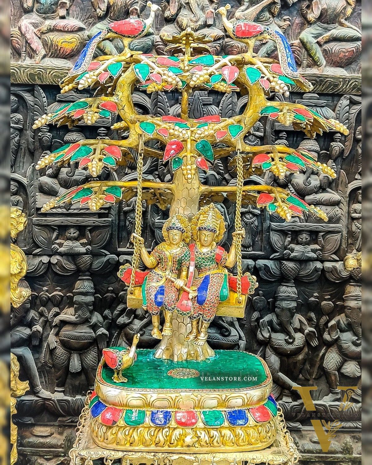Exquisite 3ft Brass Radha Krishna Swing with Kalpavriksha & Peacocks.