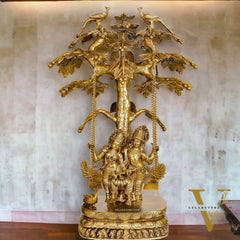 Exquisite 3ft Brass Radha Krishna Swing with Kalpavriksha & Peacocks.