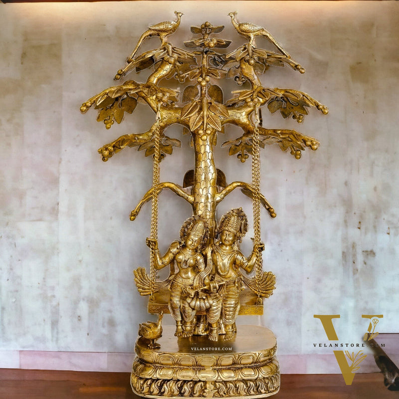 Exquisite 3ft Brass Radha Krishna Swing with Kalpavriksha & Peacocks.