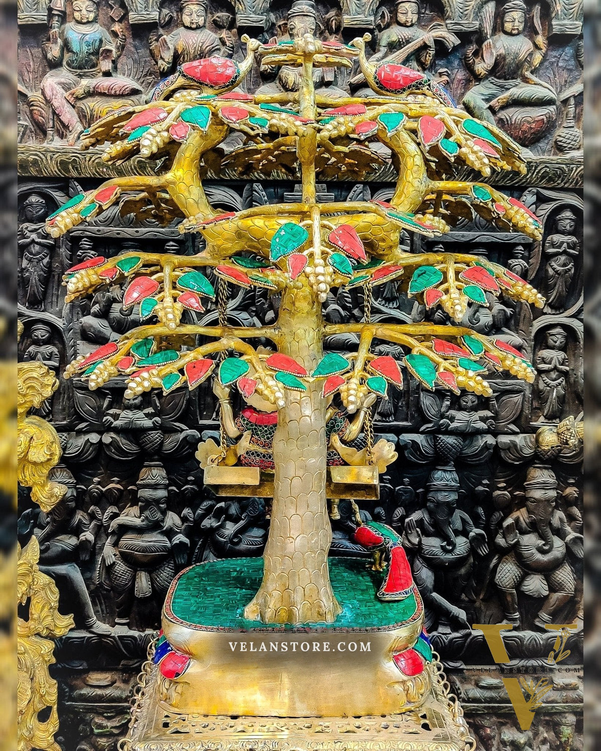 Exquisite 3ft Brass Radha Krishna Swing with Kalpavriksha & Peacocks.