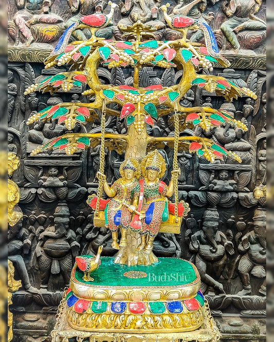 Exquisite 3ft Brass Radha Krishna Swing with Kalpavriksha & Peacocks.