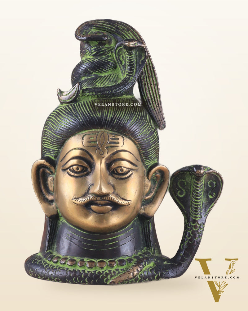 Exquisite 7-Inch Brass Lord Shiva mahakaal mukhalingam Bust Face Statue black and green tone
