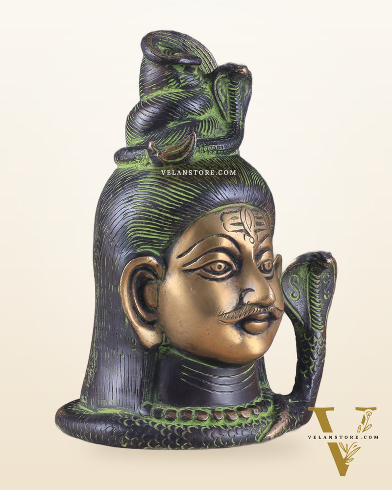 Exquisite 7-Inch Brass Lord Shiva mahakaal mukhalingam Bust Face Statue black and green tone