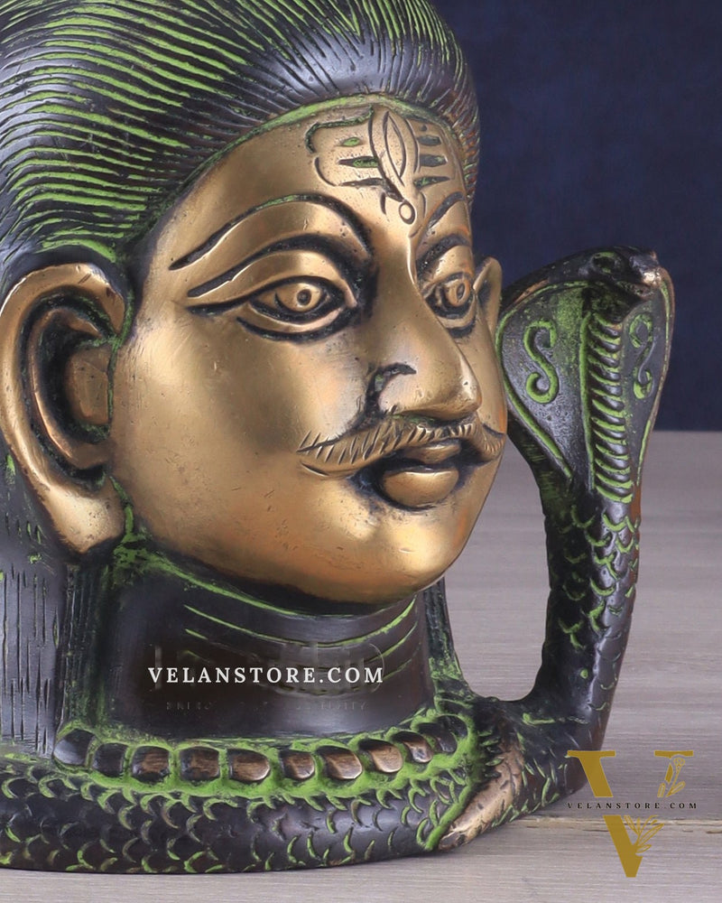 Exquisite 7-Inch Brass Lord Shiva mahakaal mukhalingam Bust Face Statue black and green tone