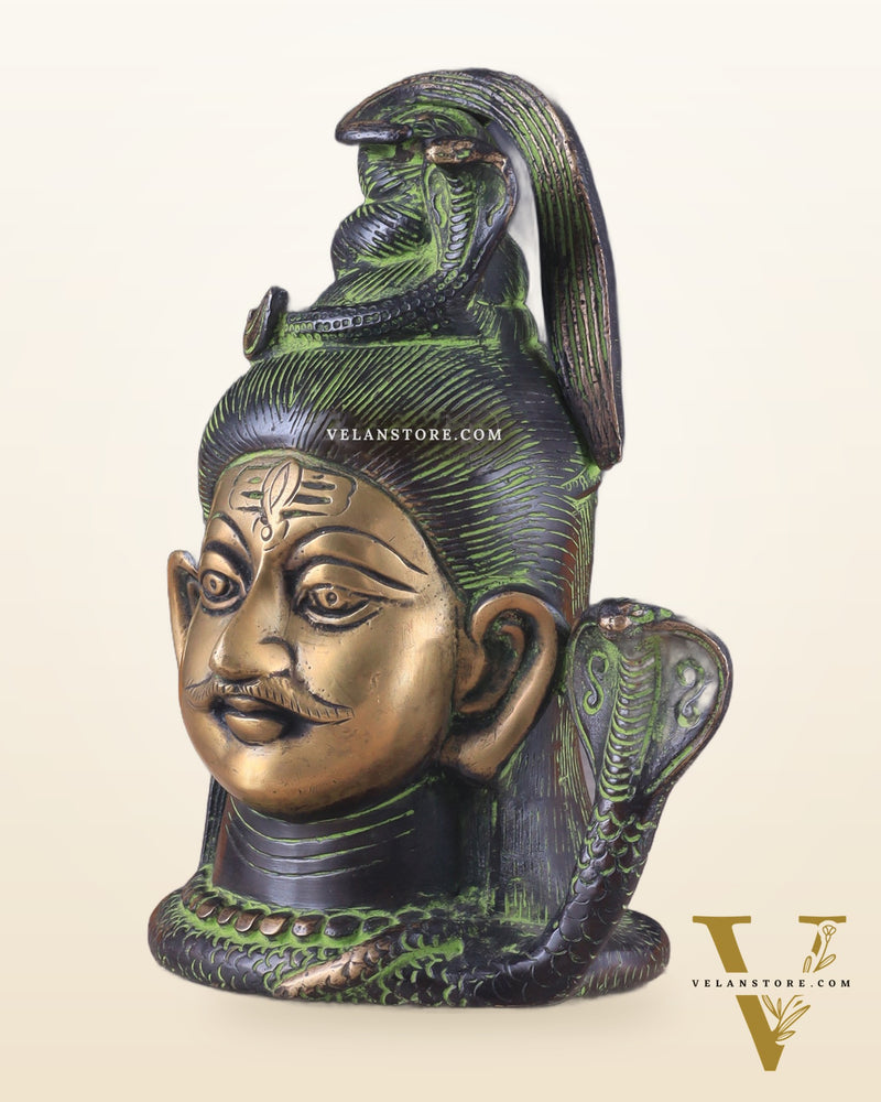 Exquisite 7-Inch Brass Lord Shiva mahakaal mukhalingam Bust Face Statue black and green tone