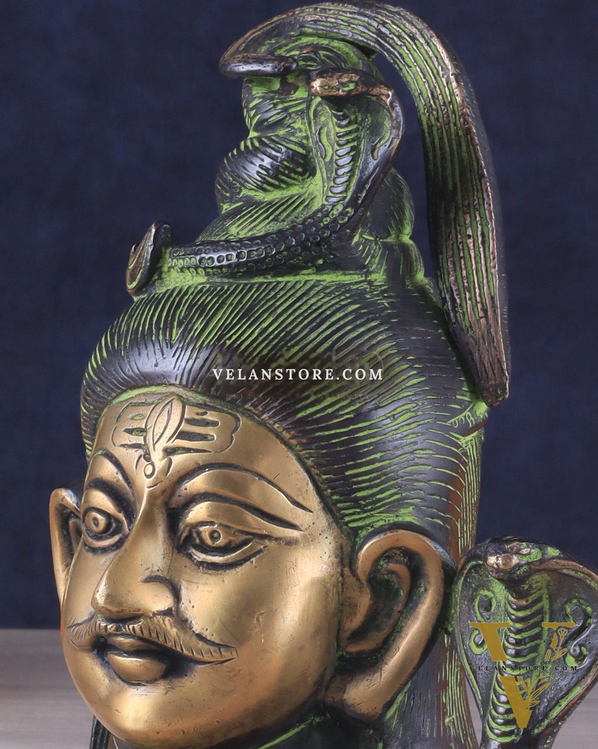 Exquisite 7-Inch Brass Lord Shiva mahakaal mukhalingam Bust Face Statue black and green tone