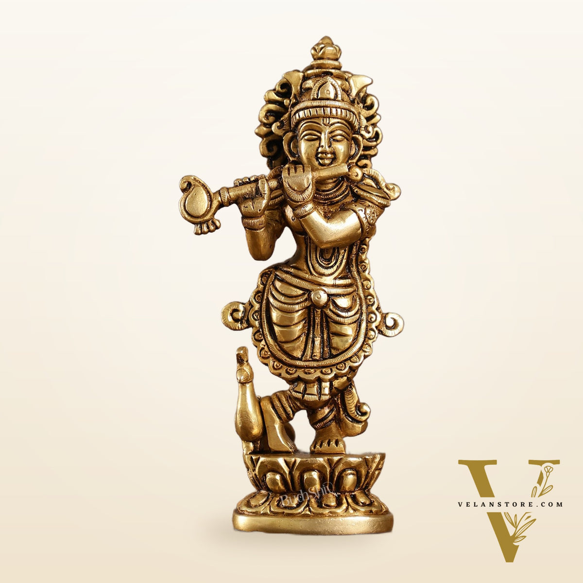 Exquisite 7.5 Inch Krishna Brass Superfine Idol with peacock