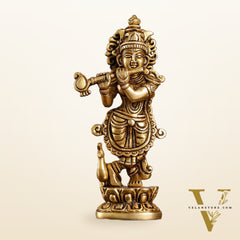 Exquisite 7.5 Inch Krishna Brass Superfine Idol with peacock