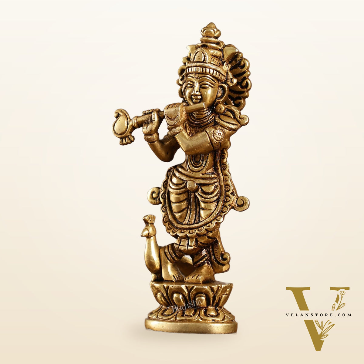 Exquisite 7.5 Inch Krishna Brass Superfine Idol with peacock