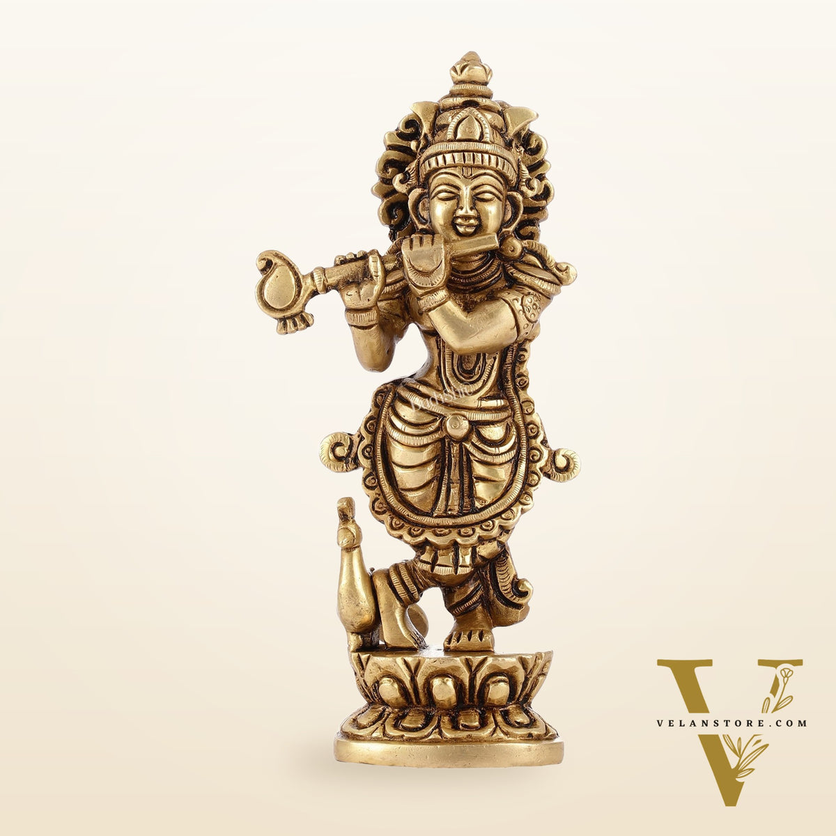 Exquisite 7.5 Inch Krishna Brass Superfine Idol with peacock