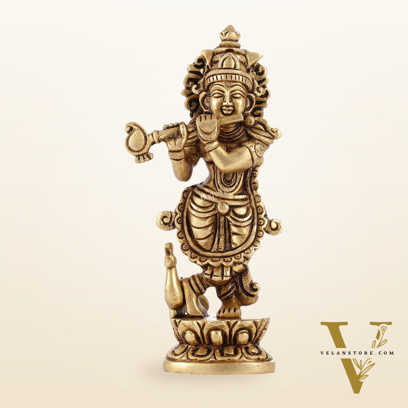 Exquisite 7.5 Inch Krishna Brass Superfine Idol with peacock