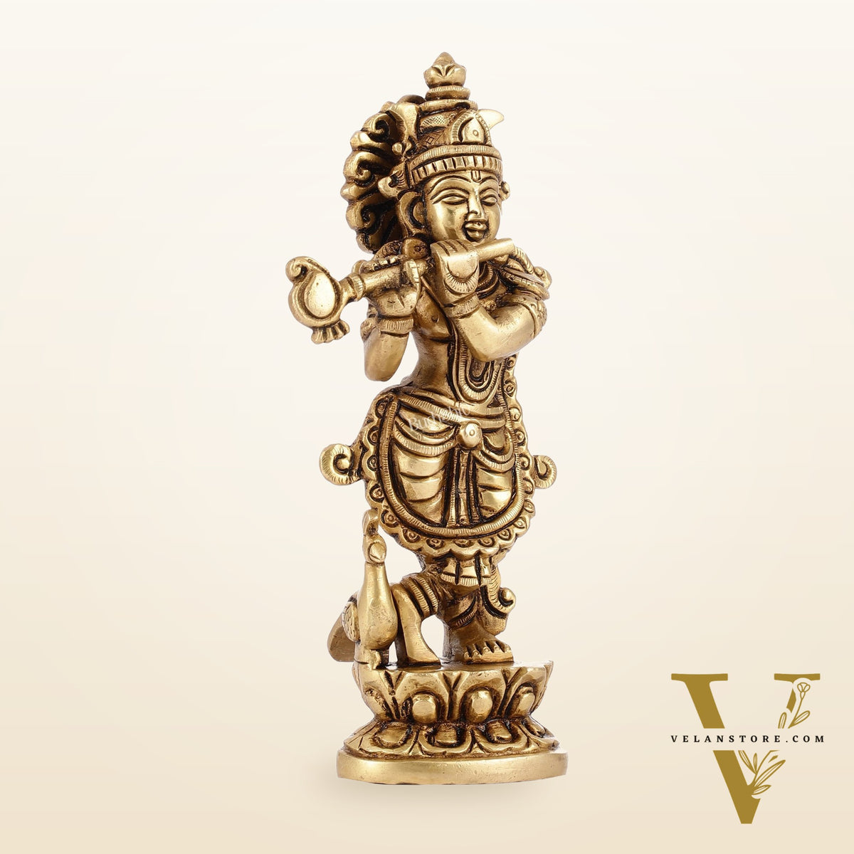 Exquisite 7.5 Inch Krishna Brass Superfine Idol with peacock