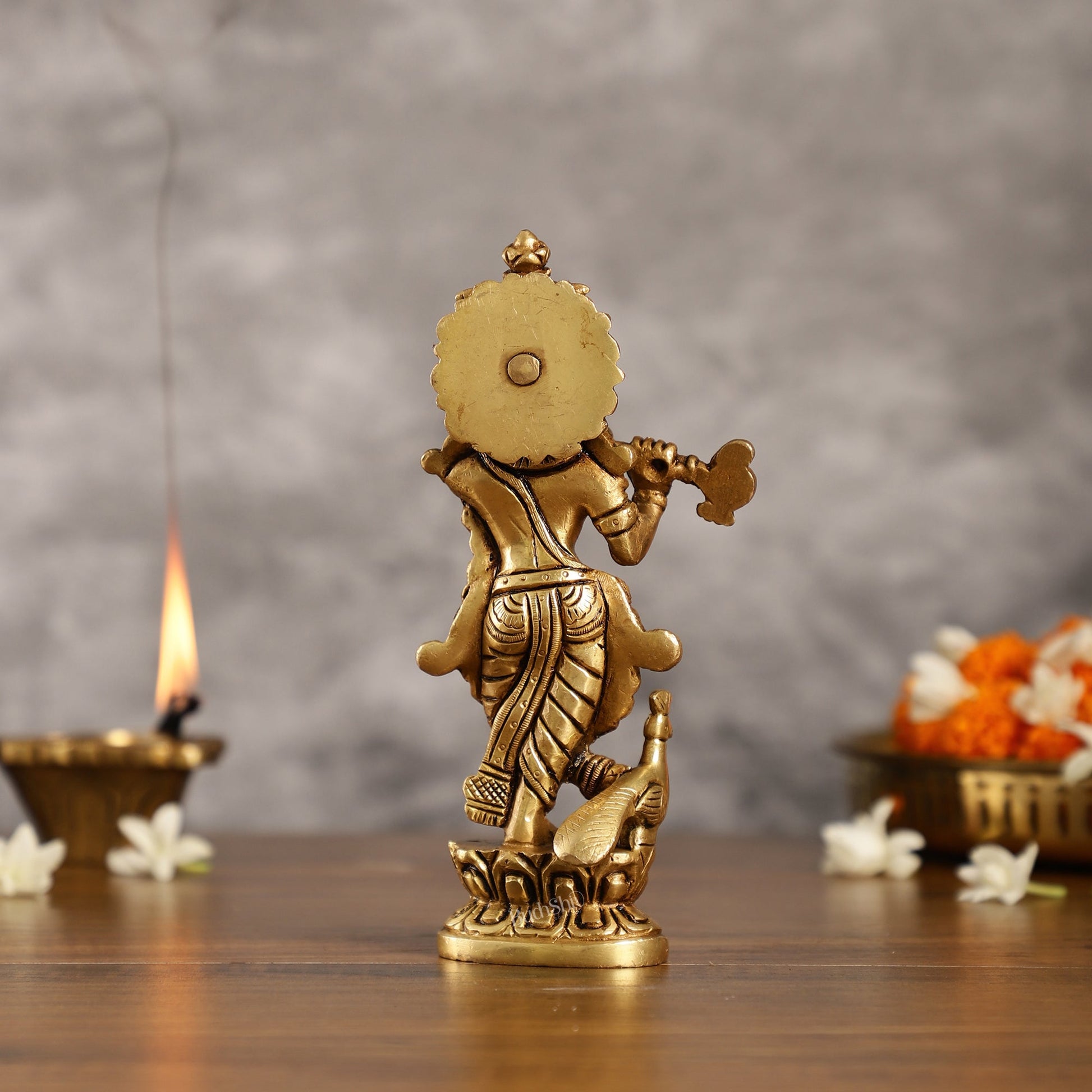 Exquisite 7.5 Inch Krishna Brass Superfine Idol with peacock