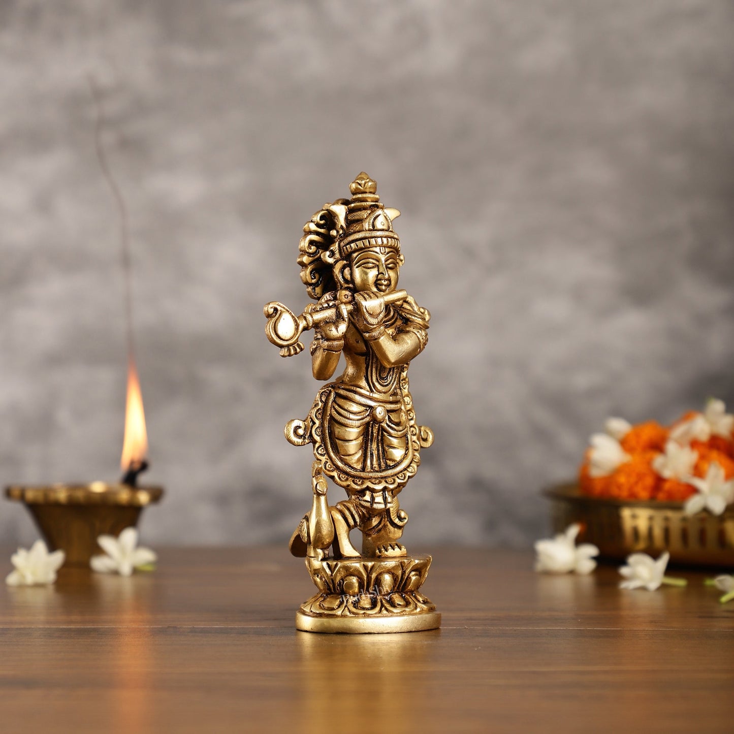 Exquisite 7.5 Inch Krishna Brass Superfine Idol with peacock