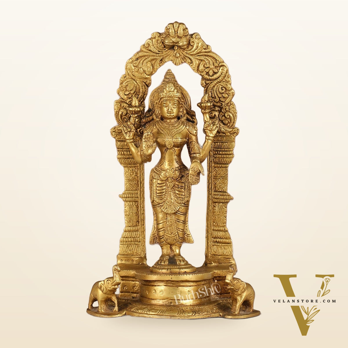 Exquisite 9-Inch Brass Gajalakshmi Idol with Arch
