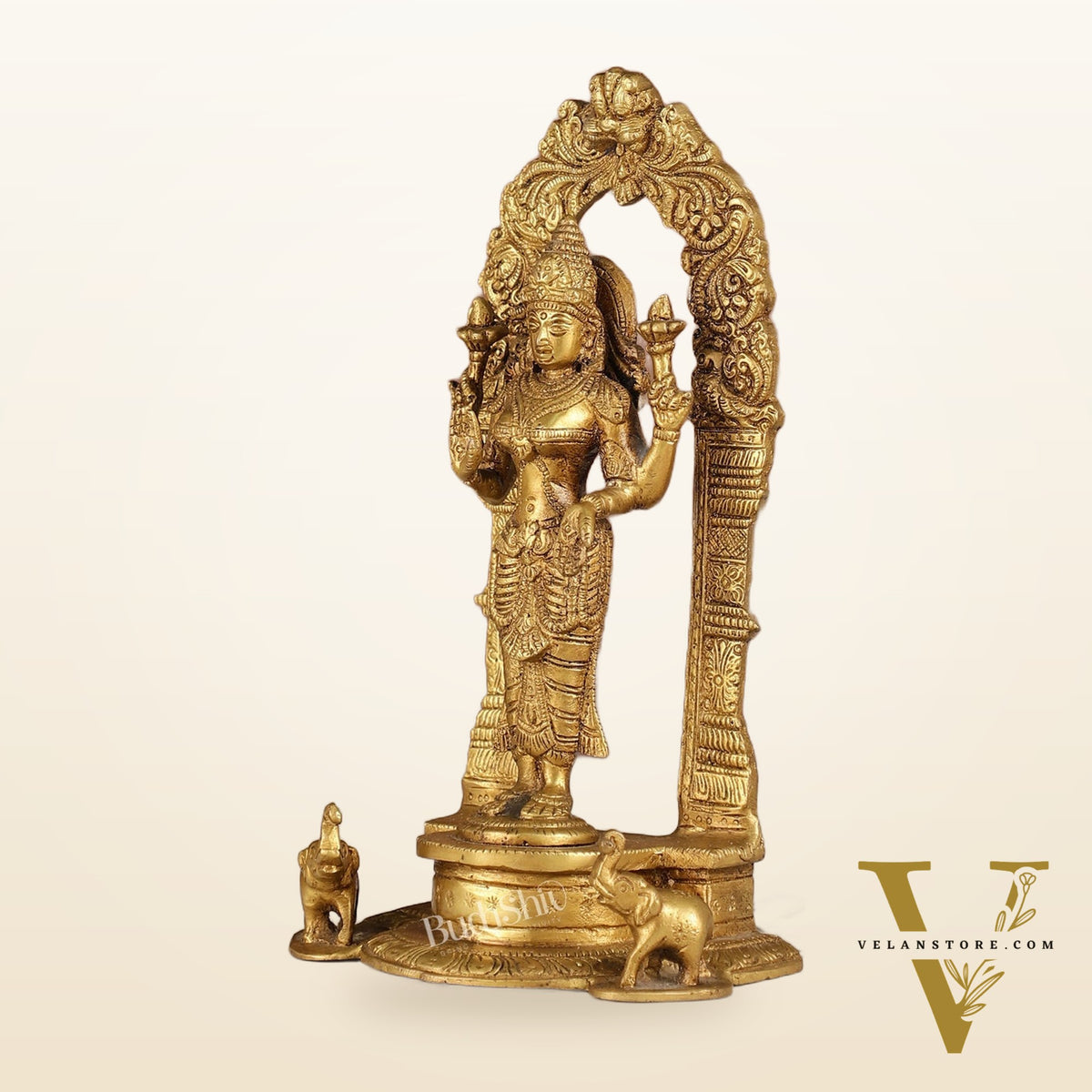 Exquisite 9-Inch Brass Gajalakshmi Idol with Arch