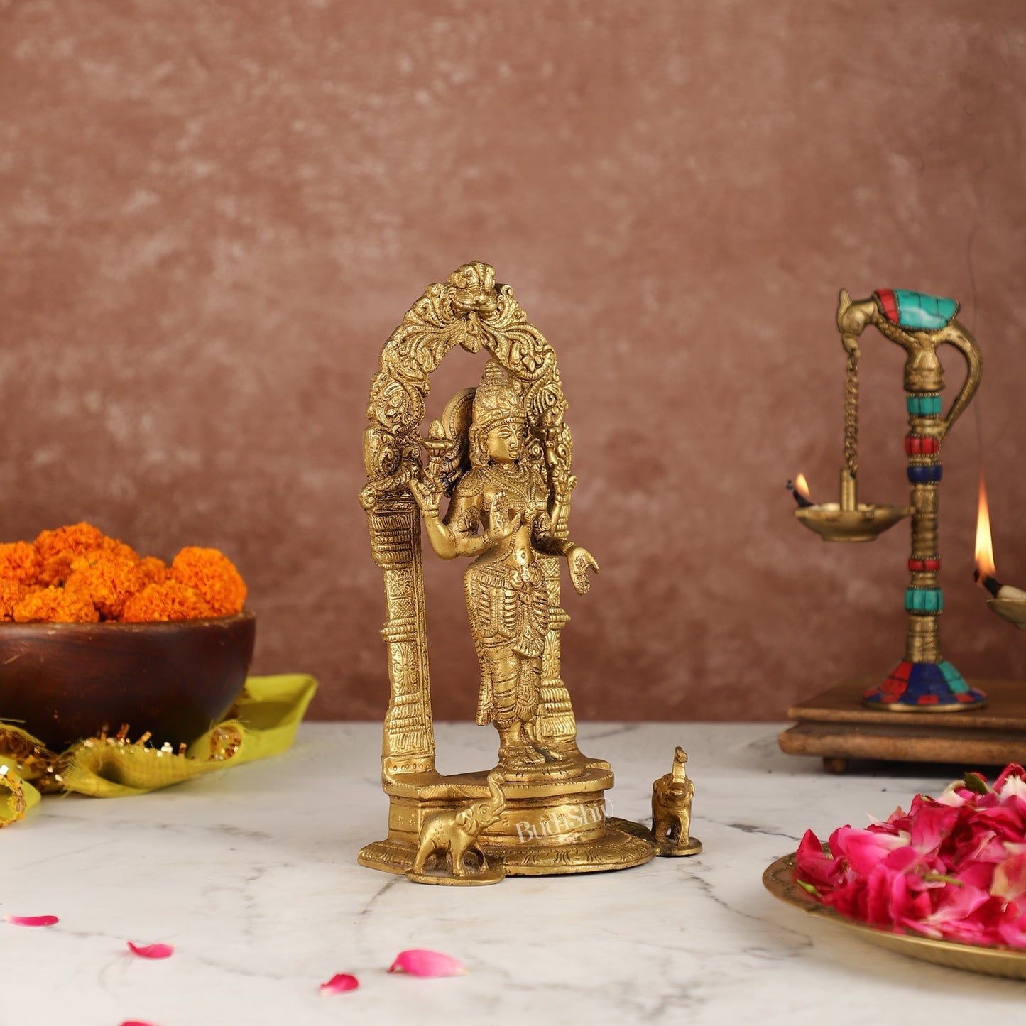 Exquisite 9-Inch Brass Gajalakshmi Idol with Arch