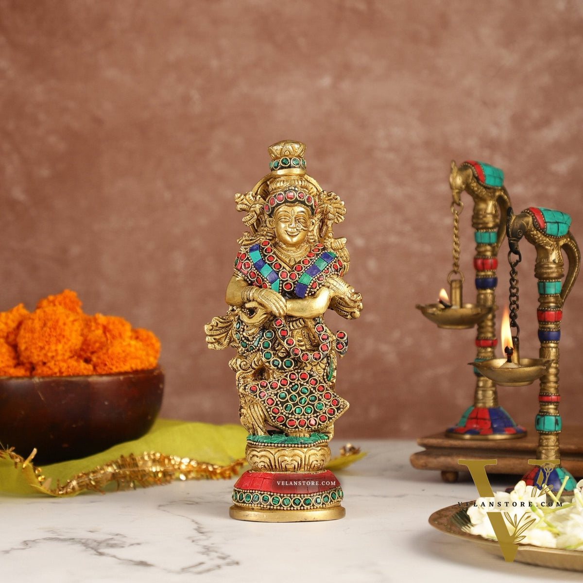 Exquisite 9-Inch Brass Radha Idol with Stunning Stonework