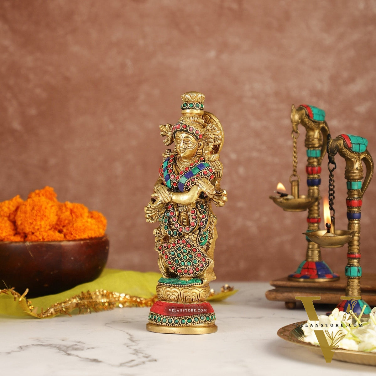 Exquisite 9-Inch Brass Radha Idol with Stunning Stonework
