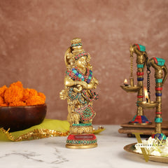 Exquisite 9-Inch Brass Radha Idol with Stunning Stonework