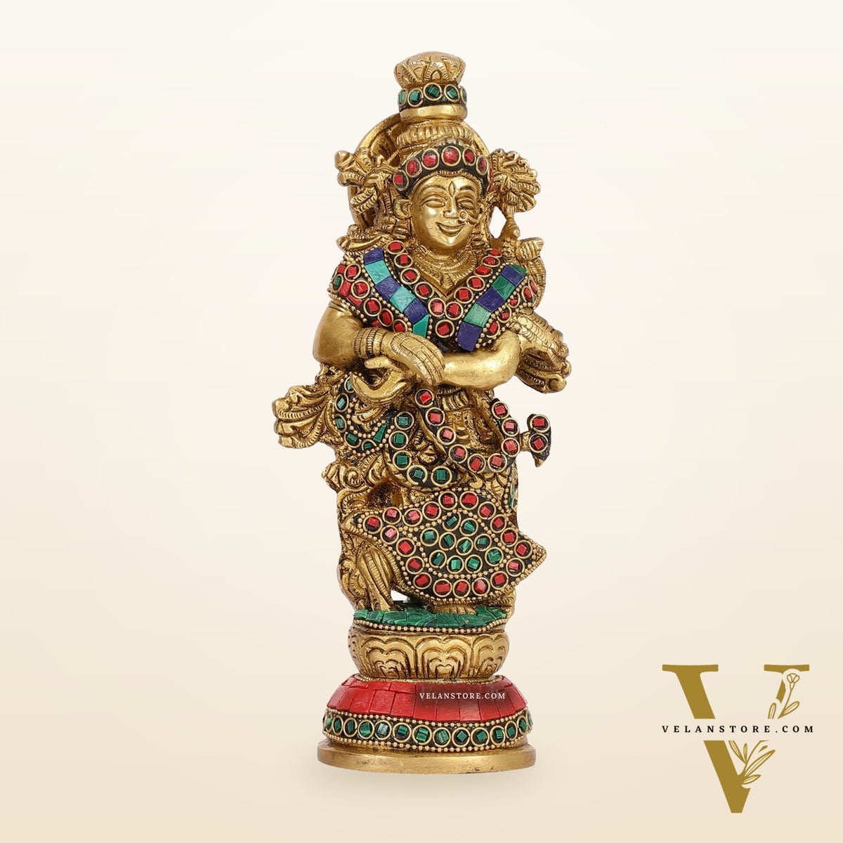 Exquisite 9-Inch Brass Radha Idol with Stunning Stonework