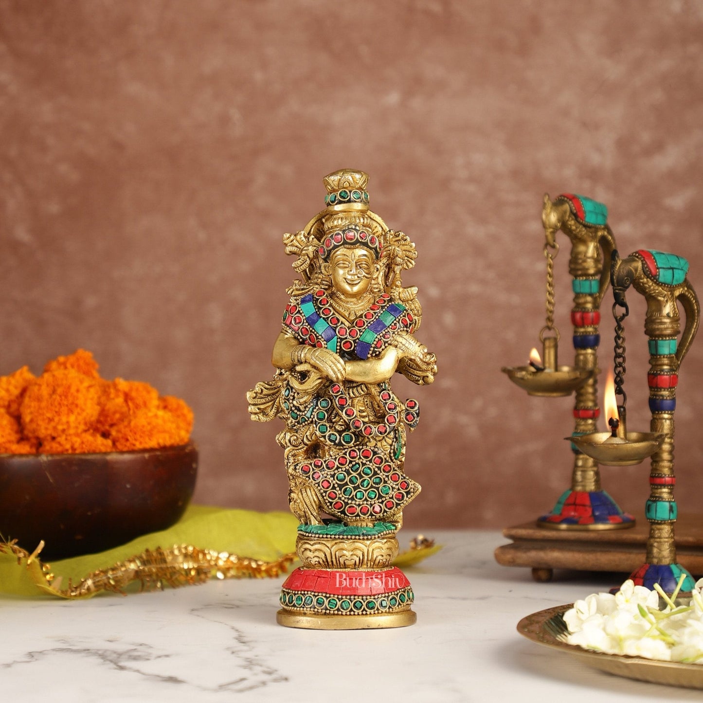 Exquisite 9-Inch Brass Radha Idol with Stunning Stonework