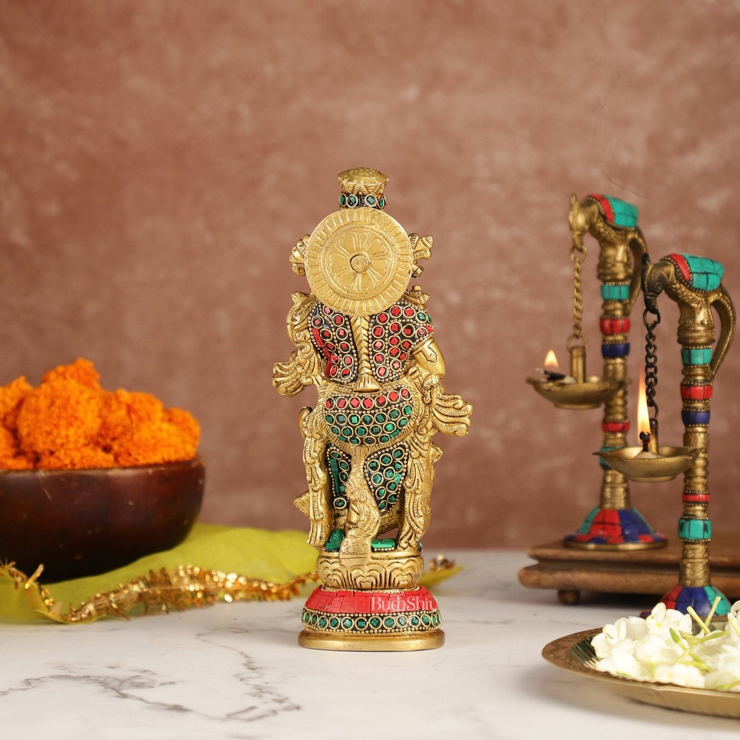 Exquisite 9-Inch Brass Radha Idol with Stunning Stonework