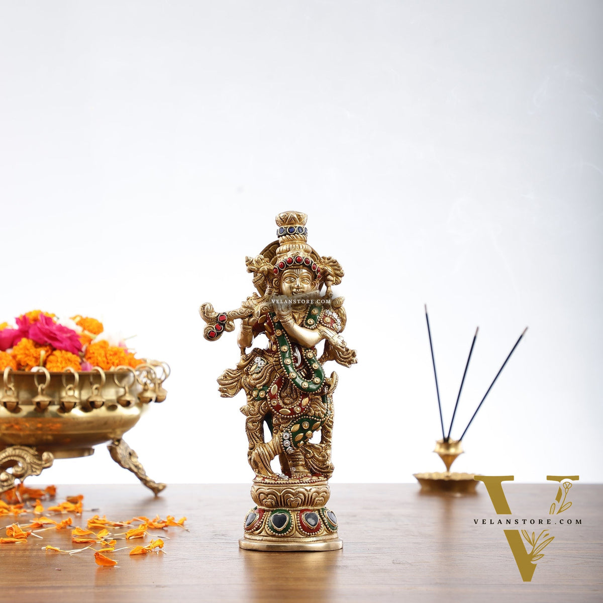 Exquisite 9.5-Inch Brass Krishna Idol with Stunning Natural Stone Meenakari