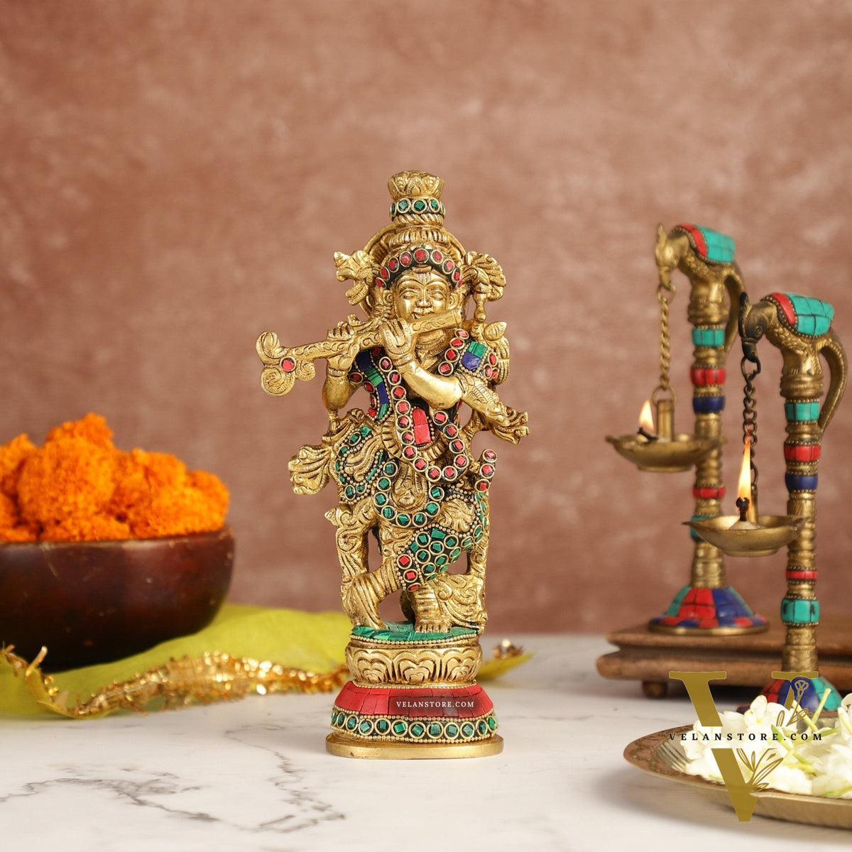 Exquisite 9.5-Inch Brass Krishna Idol with Stunning Natural Stone Meenakari