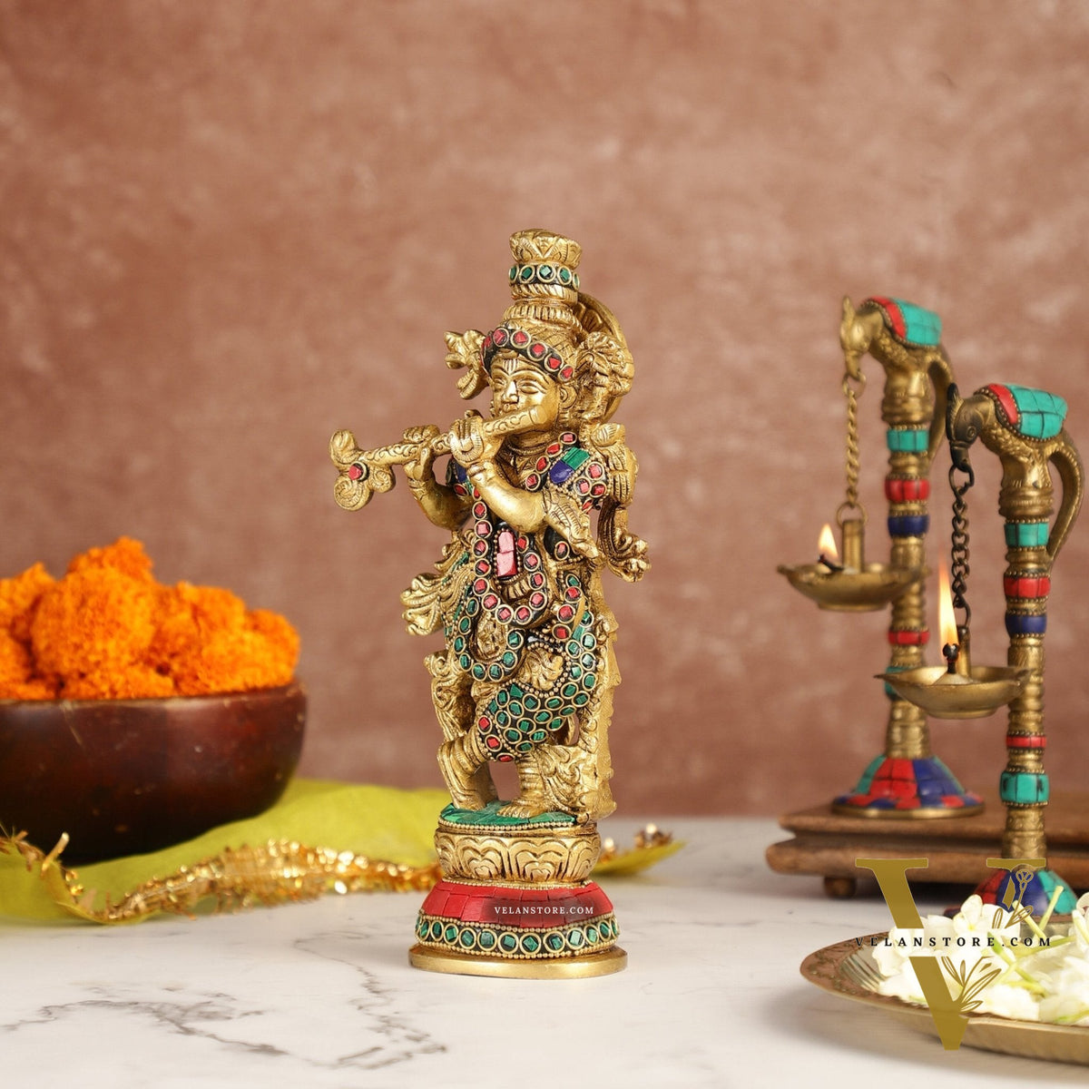 Exquisite 9.5-Inch Brass Krishna Idol with Stunning Natural Stone Meenakari