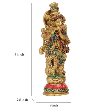 Exquisite 9.5-Inch Brass Krishna Idol with Stunning Natural Stone Meenakari