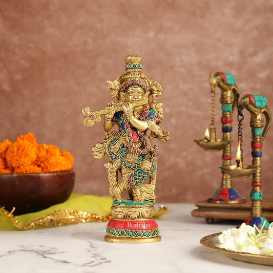 Exquisite 9.5-Inch Brass Krishna Idol with Stunning Natural Stone Meenakari
