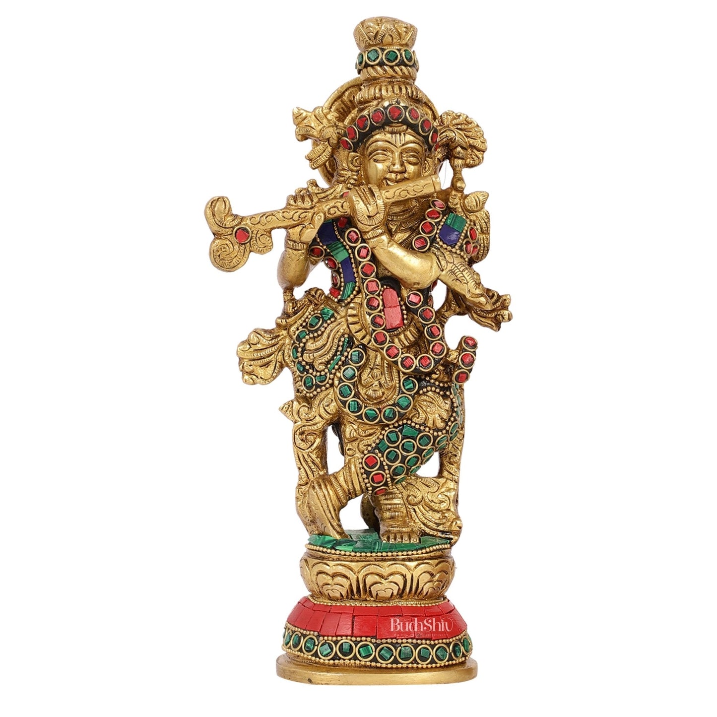 Exquisite 9.5-Inch Brass Krishna Idol with Stunning Natural Stone Meenakari