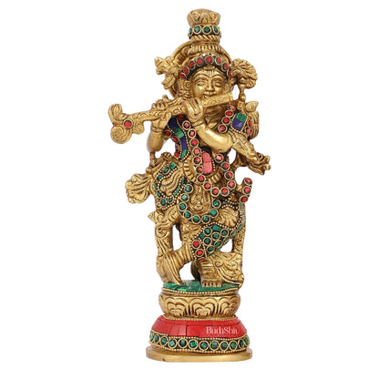 Exquisite 9.5-Inch Brass Krishna Idol with Stunning Natural Stone Meenakari